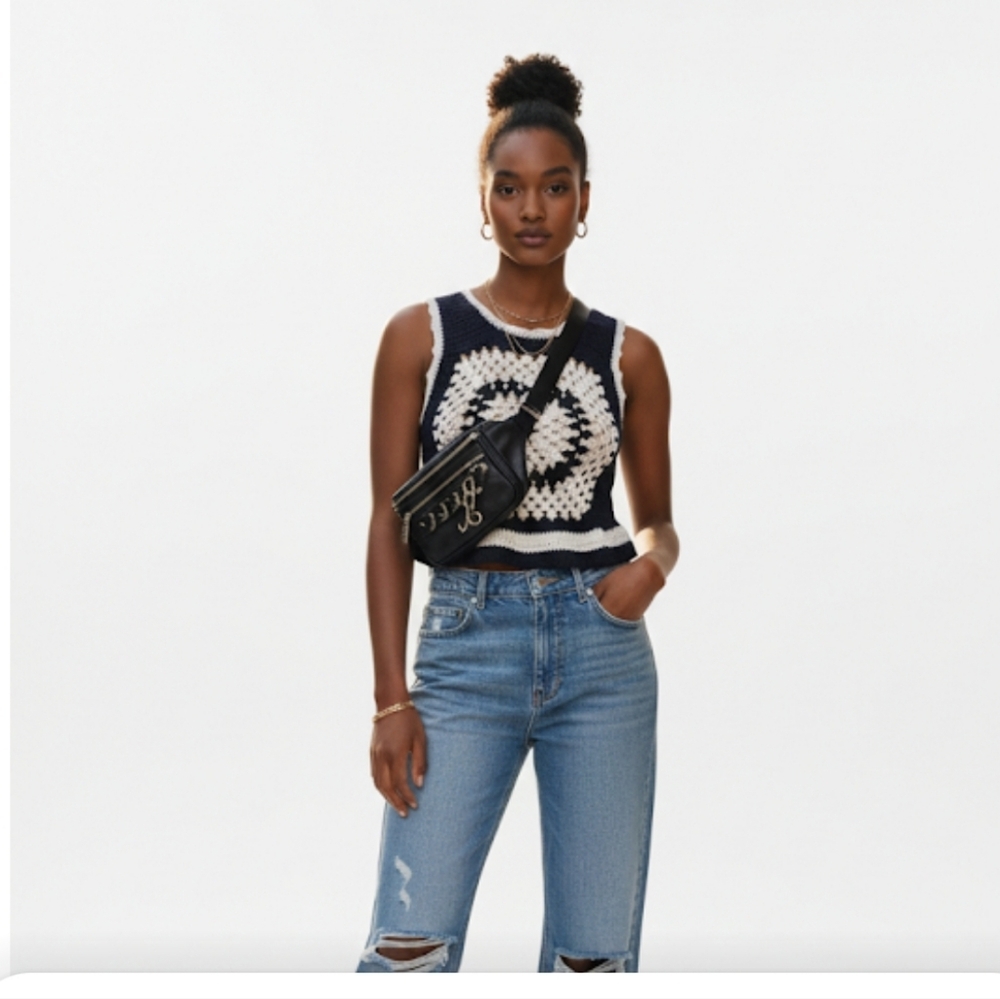 Zara Dark Blue and White Coastal   Crochet Crop Top